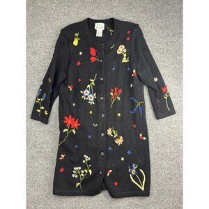 Quacker Factory Sweater Womens 1X Black Embroidered Floral Cardigan Knit A15536